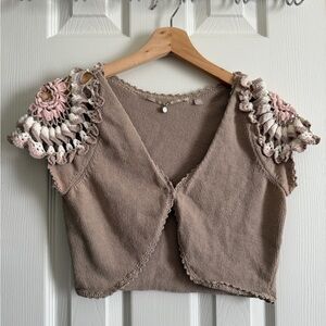 Anthropologie Knitted and Knotted Crochet Cap Sleeve Knit Cropped Bolero